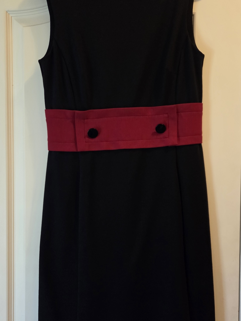 Ann Taylor Black Sleeveless Sheath Dress with Red Waistband